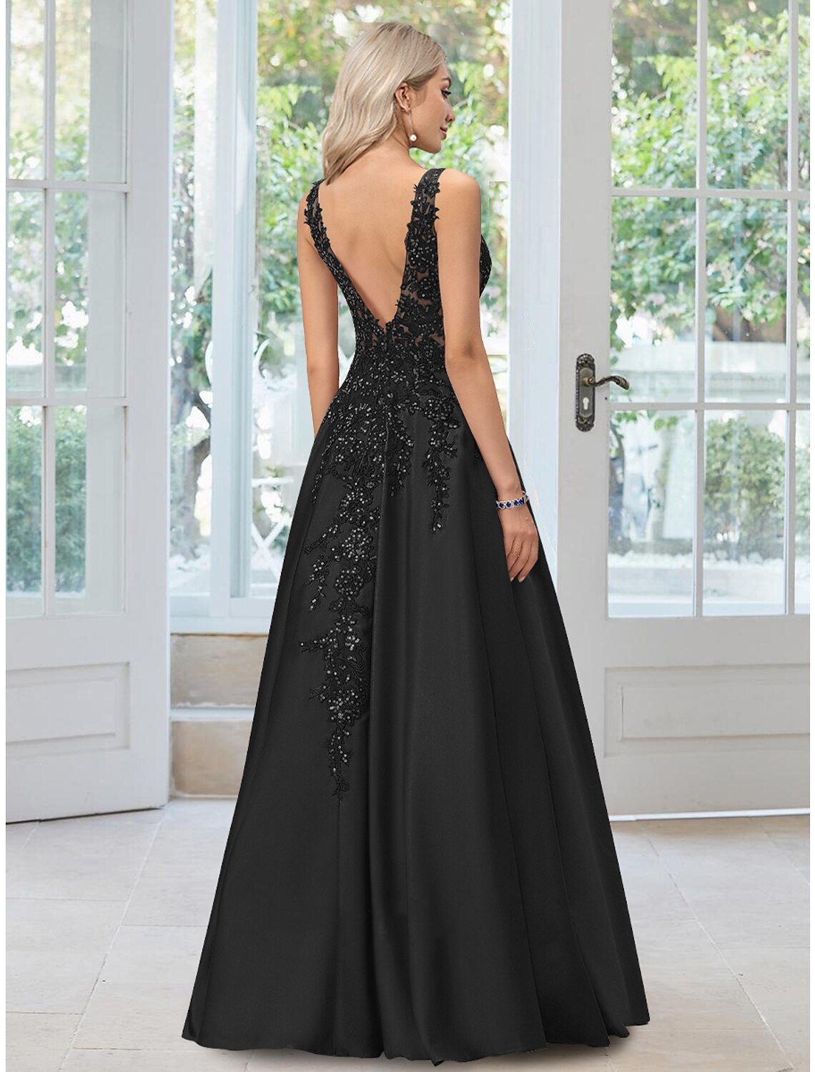 Black Satin A-Line V-Neck Floor-Length Evening Dress with Sequin Bodice