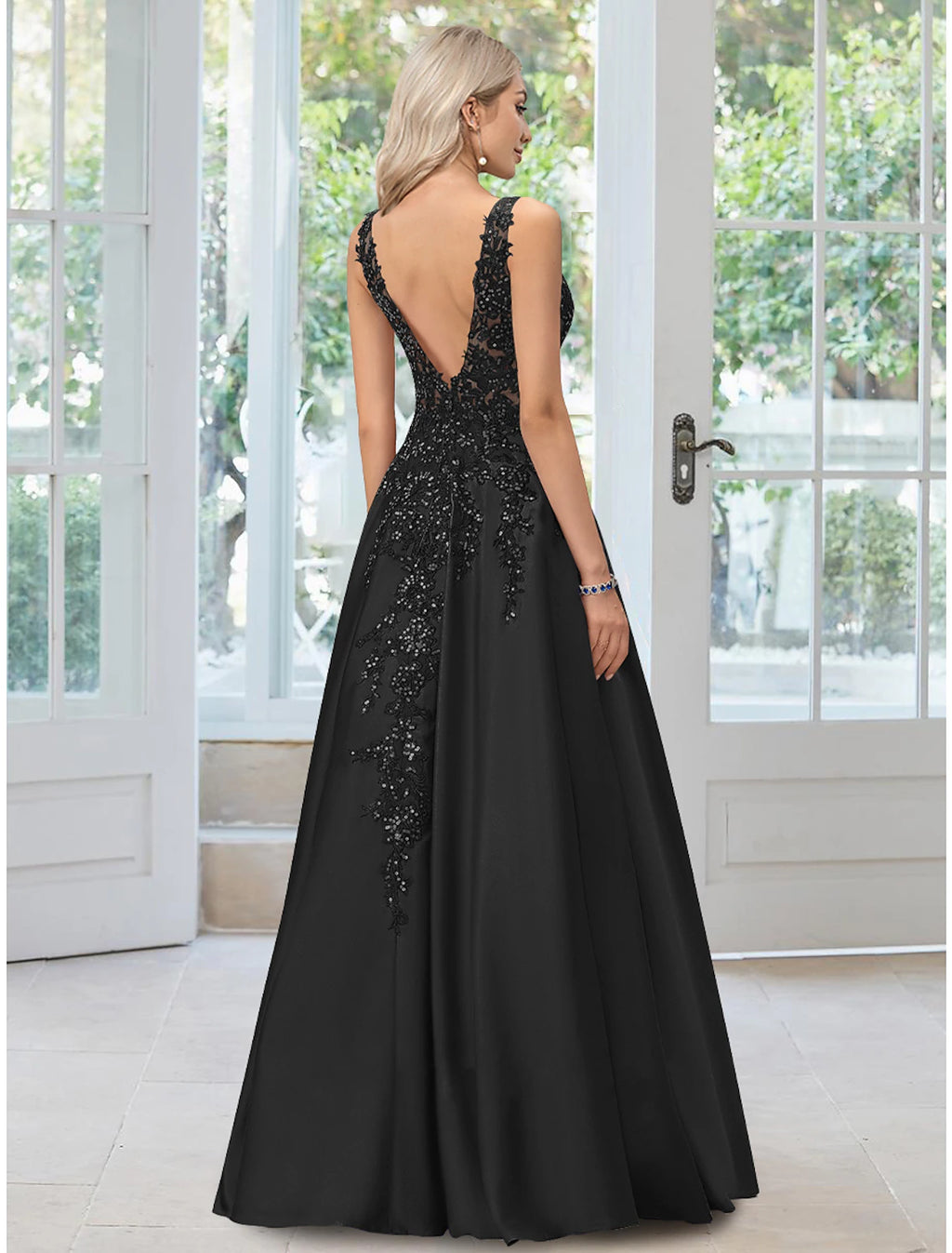 Black Satin A-Line Floor-Length Evening Dress with V-Neck