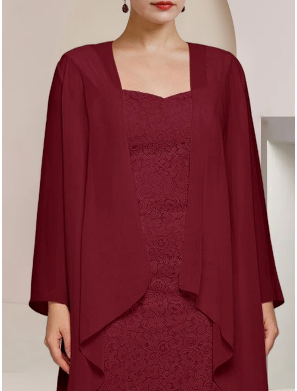 Burgundy Chiffon A-Line Asymmetrical Dress with Square Neck, Lace High-Low Hem & Flowing Overlay