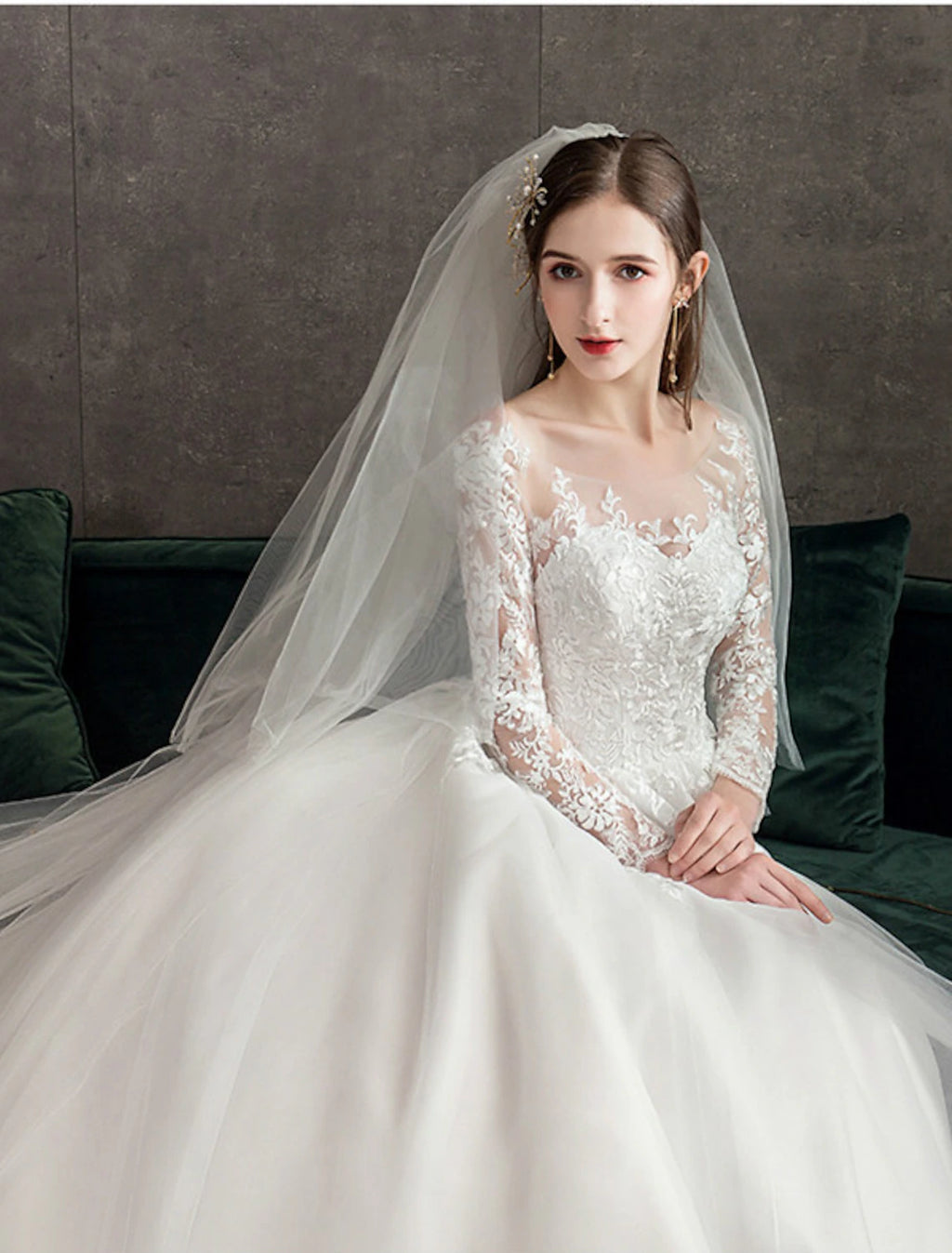 Ivory Lace Ball Gown Floor-Length Wedding Dress with Illusion Long Sleeves