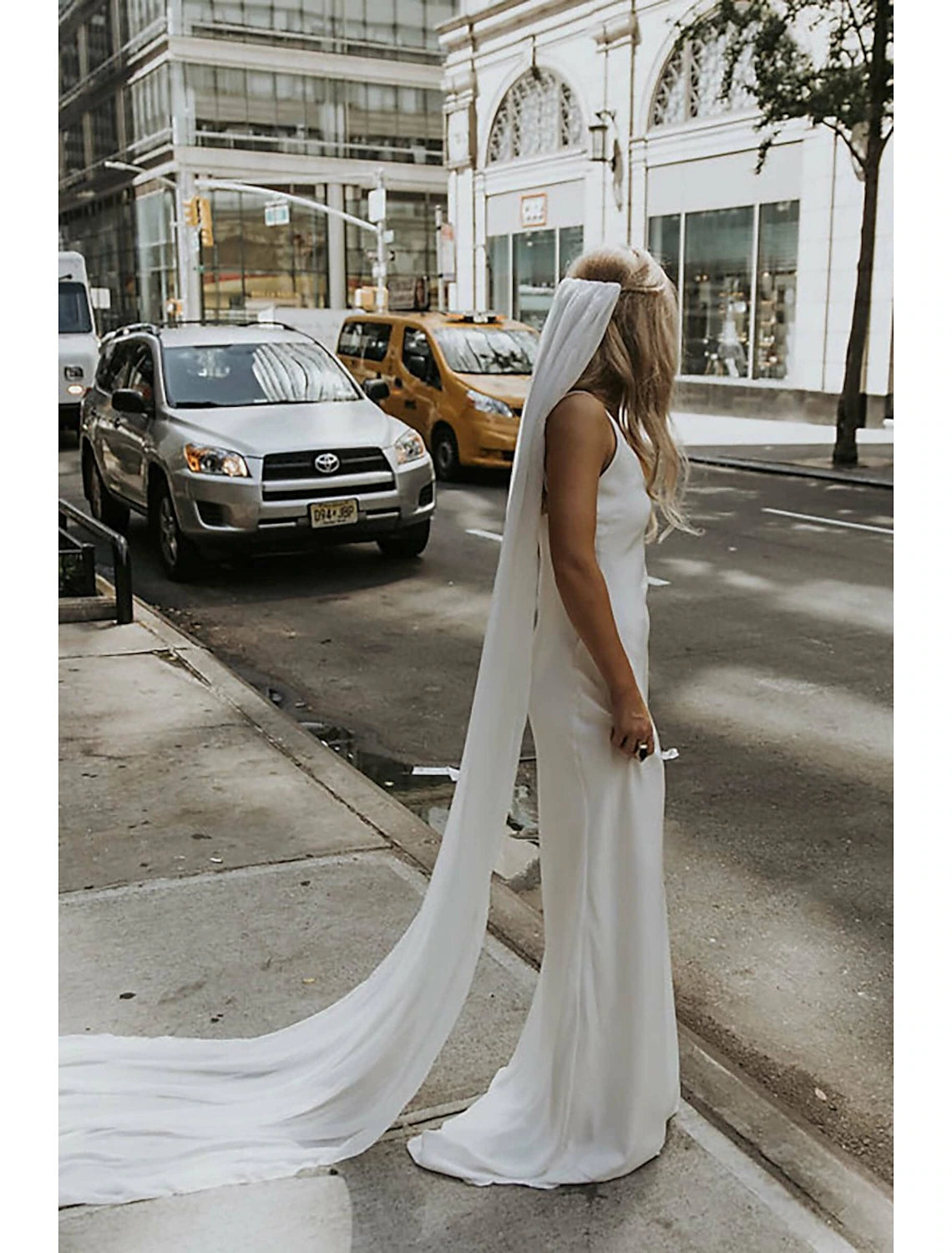 Jimiss - Vestido de gasa de una sola capa con velo de catedral de estilo minimalista/clásico de color sólido de 110,24 pulgadas (280 cm) que deja una profunda impresión en 2025