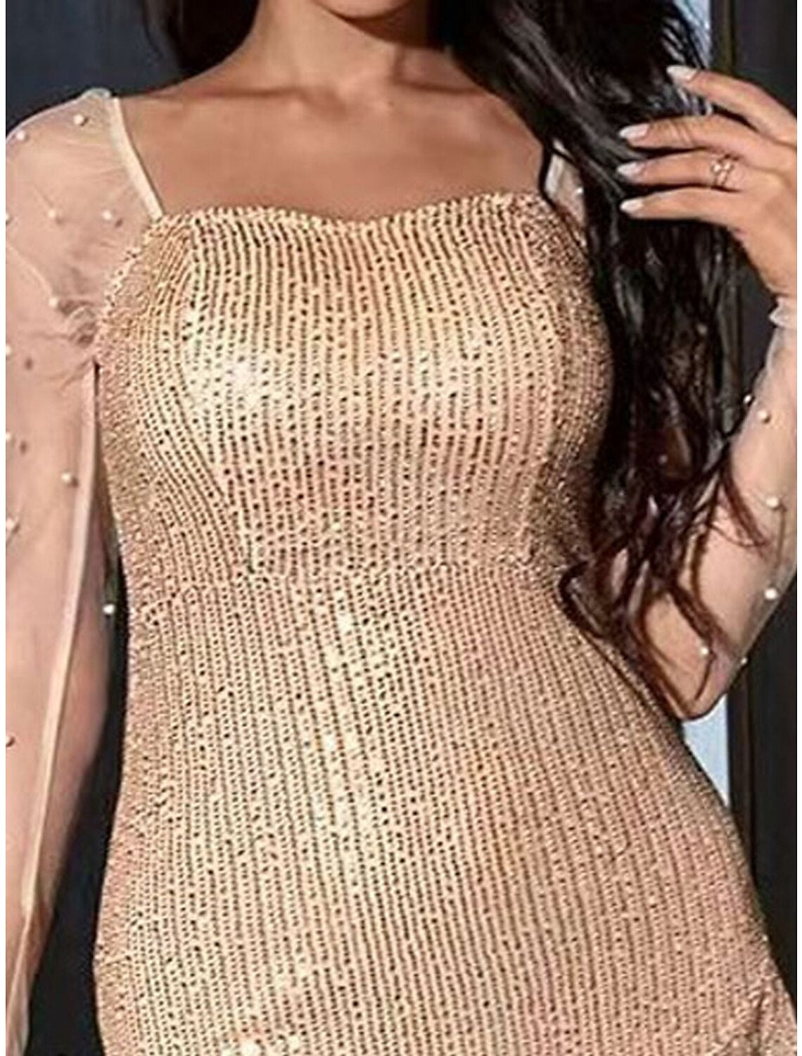 Women's Christmas Party Dress Homecoming Dress Sequin Dress Cocktail Dress Mini Dress Champagne Long Sleeve Pure Color Sparkly Glitter Sequins Spring Fall Winter Square Neck