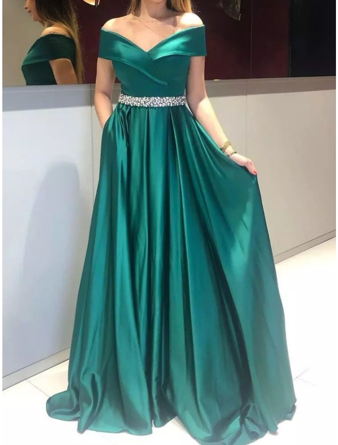 Emerald Satin A-Line Off-the-Shoulder Floor-Length Evening Dress