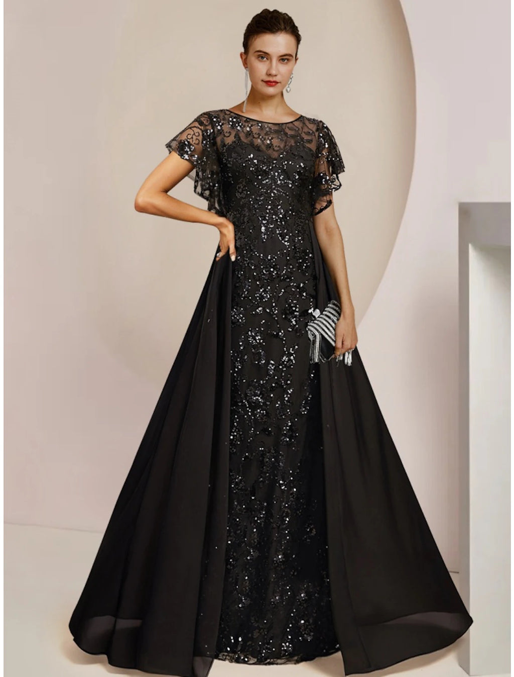 Vestido de madre de la novia de corte A para invitada de boda, elegante, escote redondo, largo hasta el suelo, de gasa, encaje con lentejuelas, manga corta con fruncido de lentejuelas, color liso