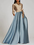 Vestido de noche elegante de corte A, formal, largo hasta el suelo, manga 3/4, cuello camisero, satén con abertura y tiras