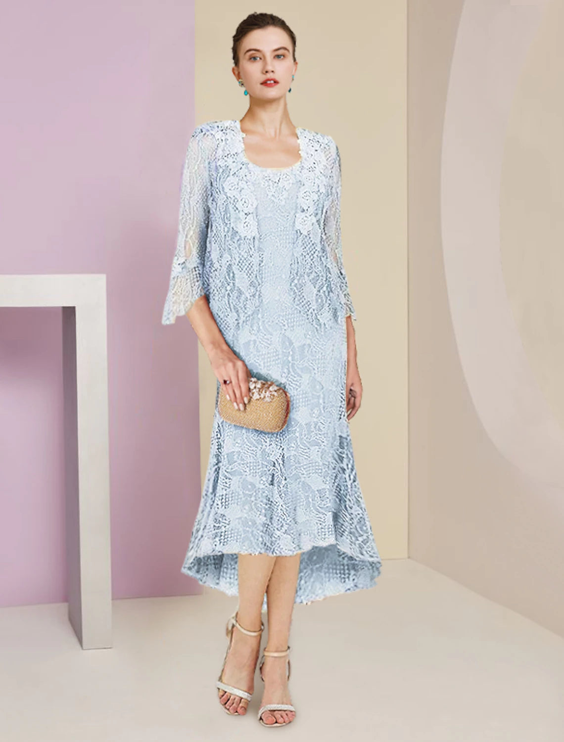 Vestido de dos piezas estilo sirena/trompeta para madre de la novia, elegante, formal, para invitada de boda, escote redondo alto bajo, asimétrico, largo hasta la rodilla, de encaje, sin mangas, cruzado incluido, color sólido