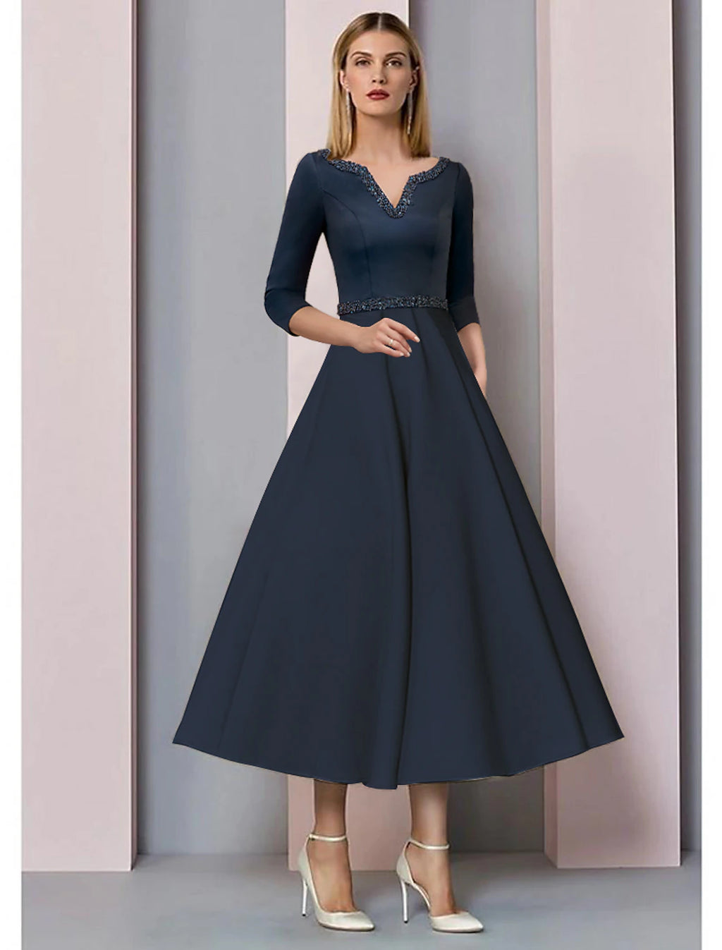 Dark Navy Crepe Tea-Length A-Line Evening Dress with Beaded V-Neckline