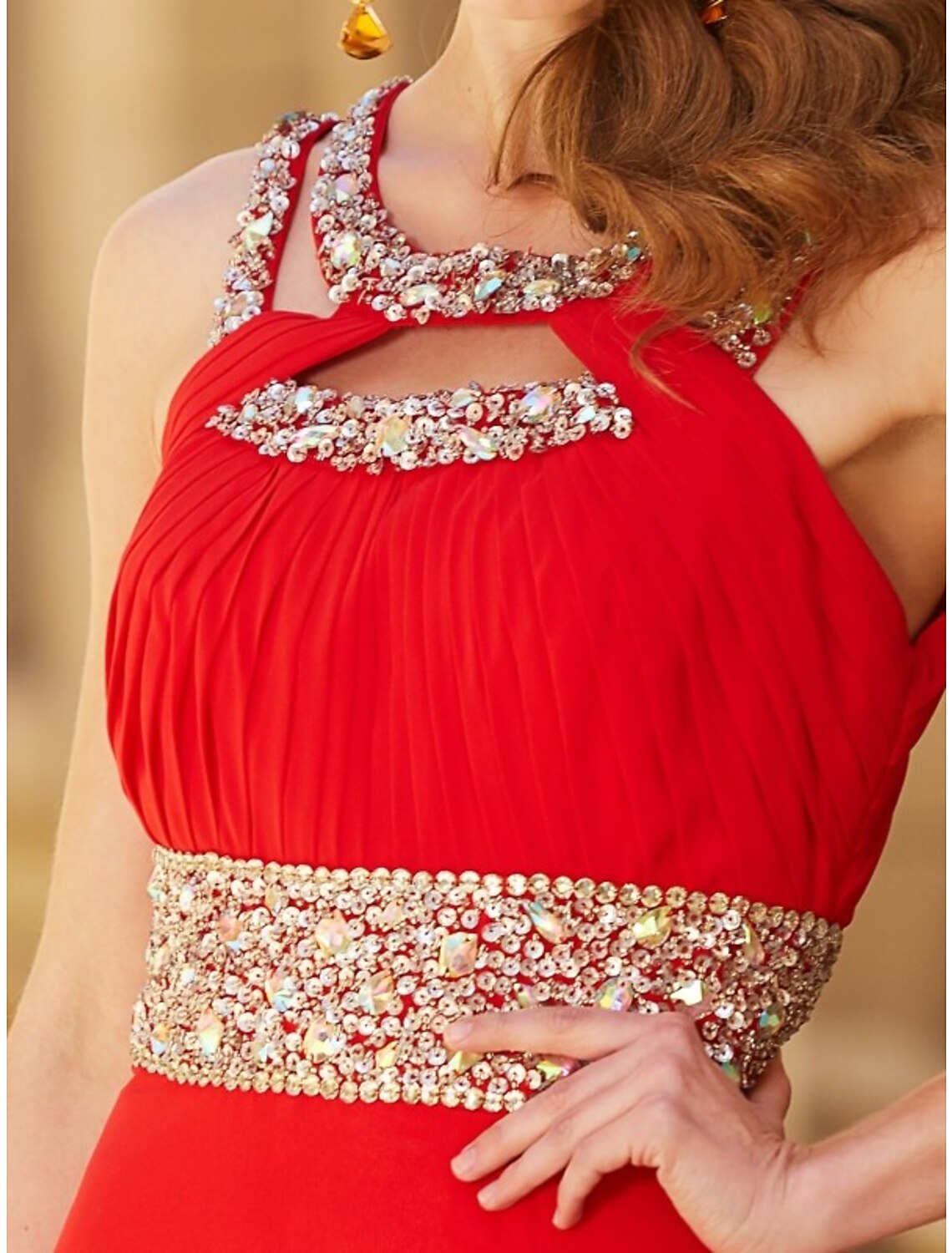 Red Chiffon A-Line Floor-Length Dress with Halter neckline and Embellished bodice
