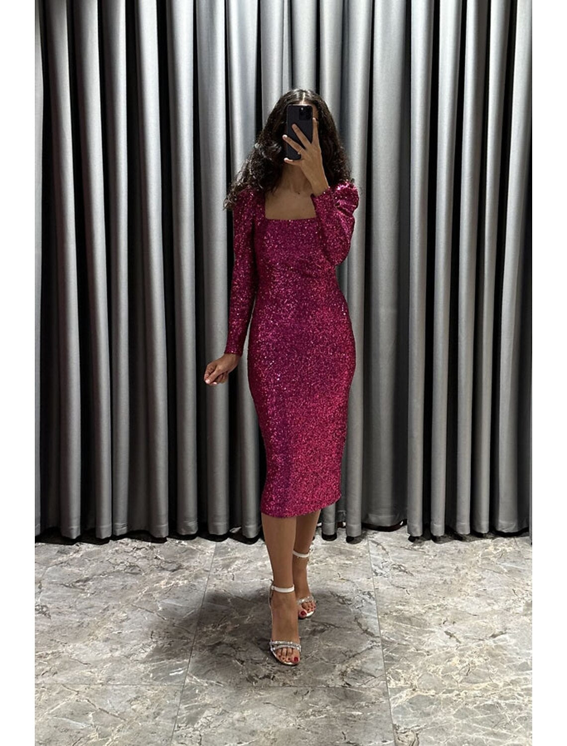 Black Sequin Midi Evening Dress with Puffed Long Sleeves