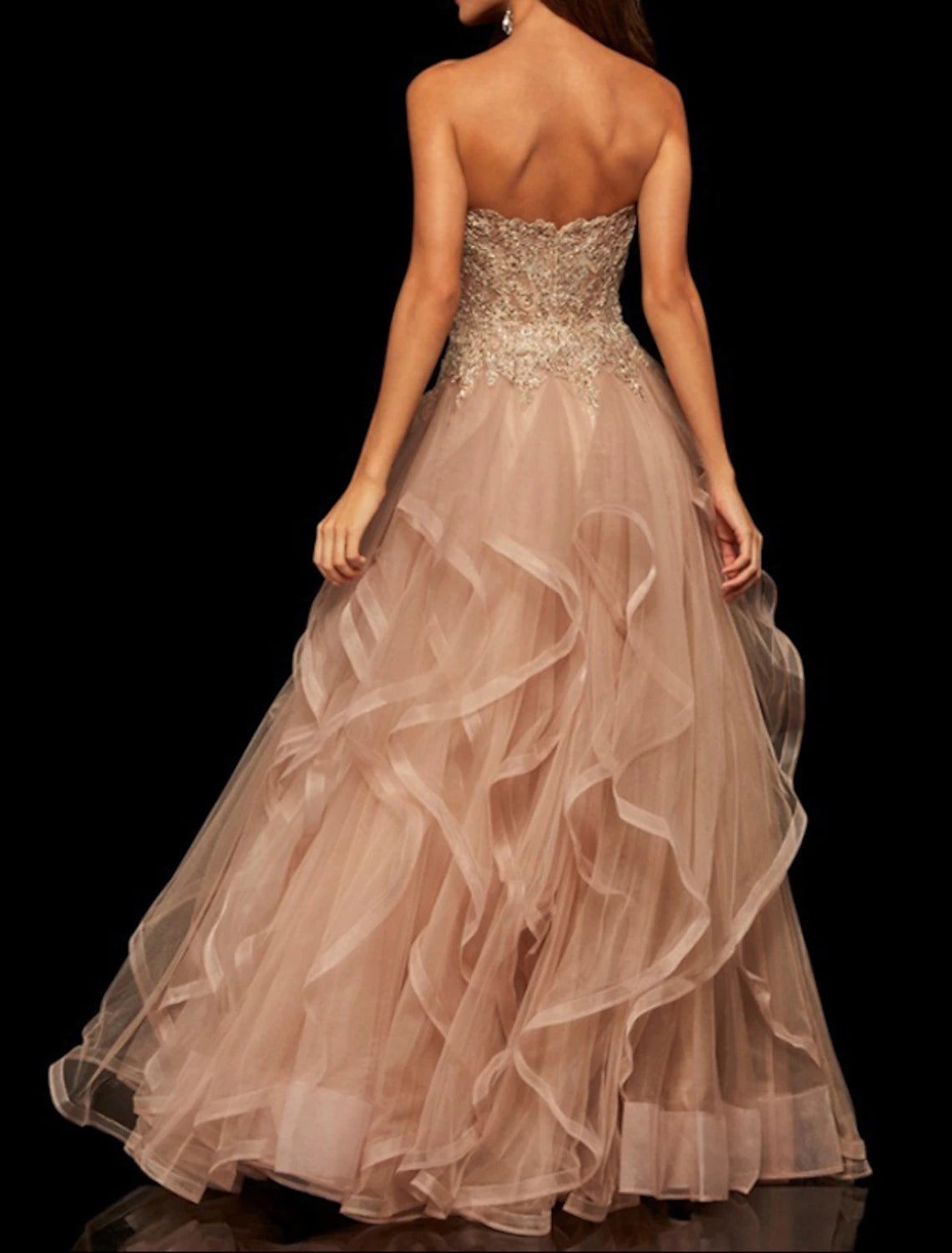 Abito da festa a trapezio, elegante abito da sera formale vintage per fidanzamento, senza spalline, senza maniche, lungo fino al pavimento, in tulle con ricami a strati