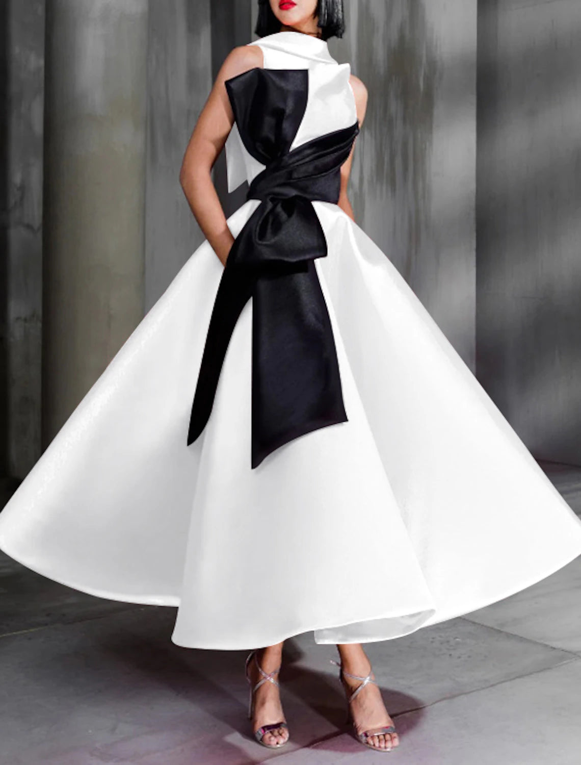 Vestido de fiesta con bloques de color, estilo celebridad, elegante, para graduación, formal, noche, cumpleaños, Navidad, rojo, verde, cuello alto, sin mangas, largo hasta los tobillos, satén con lazo(s), 2025