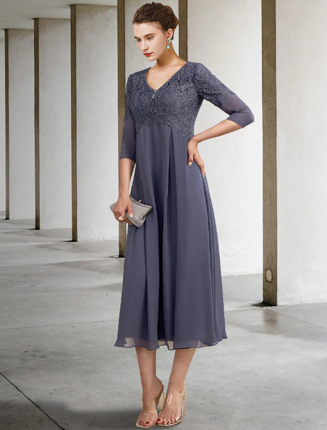 Slate Blue Lace & Chiffon A-Line Tea-Length Bridesmaid Dress with V-Neck and Sheer Sleeves