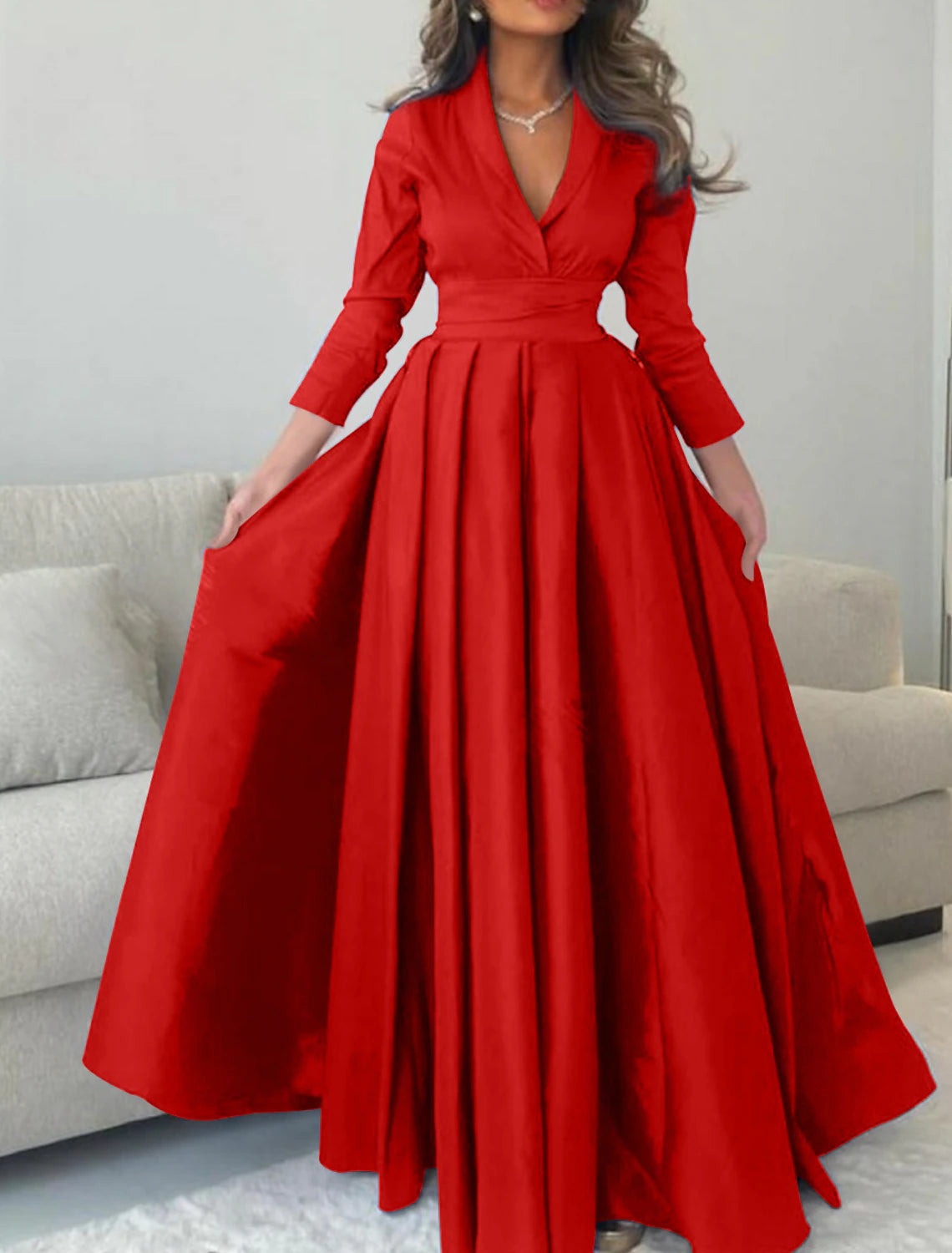 Vestido de noche verde elegante de satén en forma de A, vestido formal de champán, rojo y verde, largo hasta el suelo, mangas 3/4, escote en V y pliegues, 2025