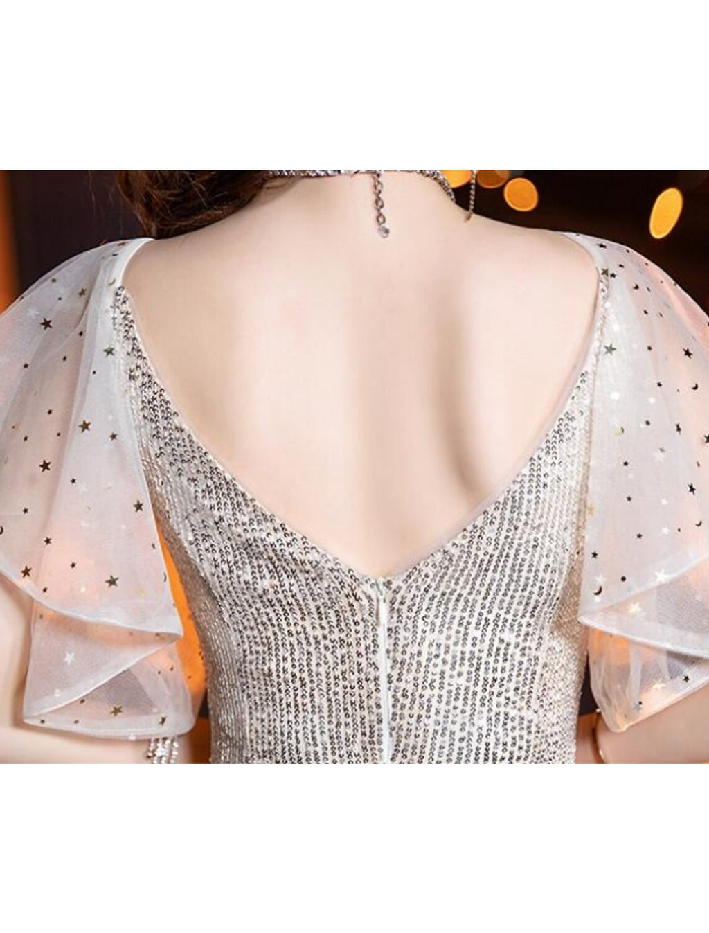 Vestido de fiesta de compromiso sexy con brillo de sirena/trompeta, cuello en V, manga corta, largo hasta el suelo, con lentejuelas y pliegues.