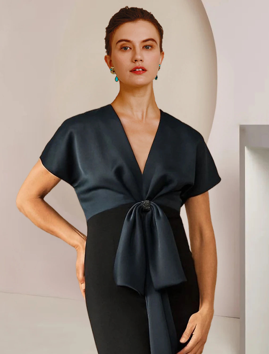 Black Satin V-Neck Floor-Length Evening Dress with Draped Bodice