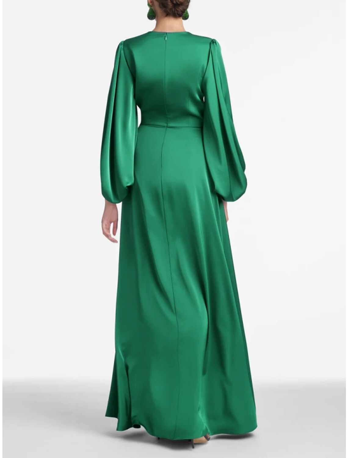 Vestido de noche formal de satén verde, corte A, manga larga, vestido de fiesta negro, abertura alta, vestido de invitada de boda de otoño, largo hasta el suelo, escote en V con abertura fruncida