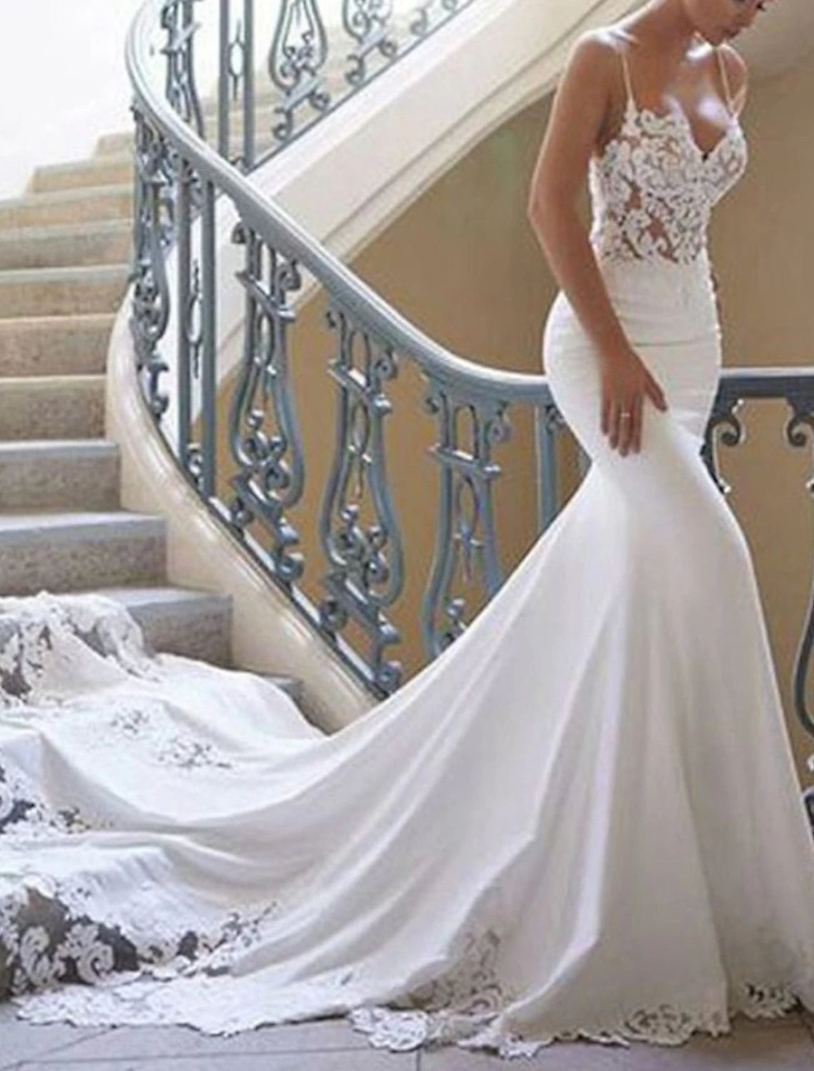 Engagement Open Back Sexy Formal Wedding Dresses Mermaid / Trumpet Sweetheart Camisole Spaghetti Strap Court Train Lace Bridal Gowns With Lace Appliques