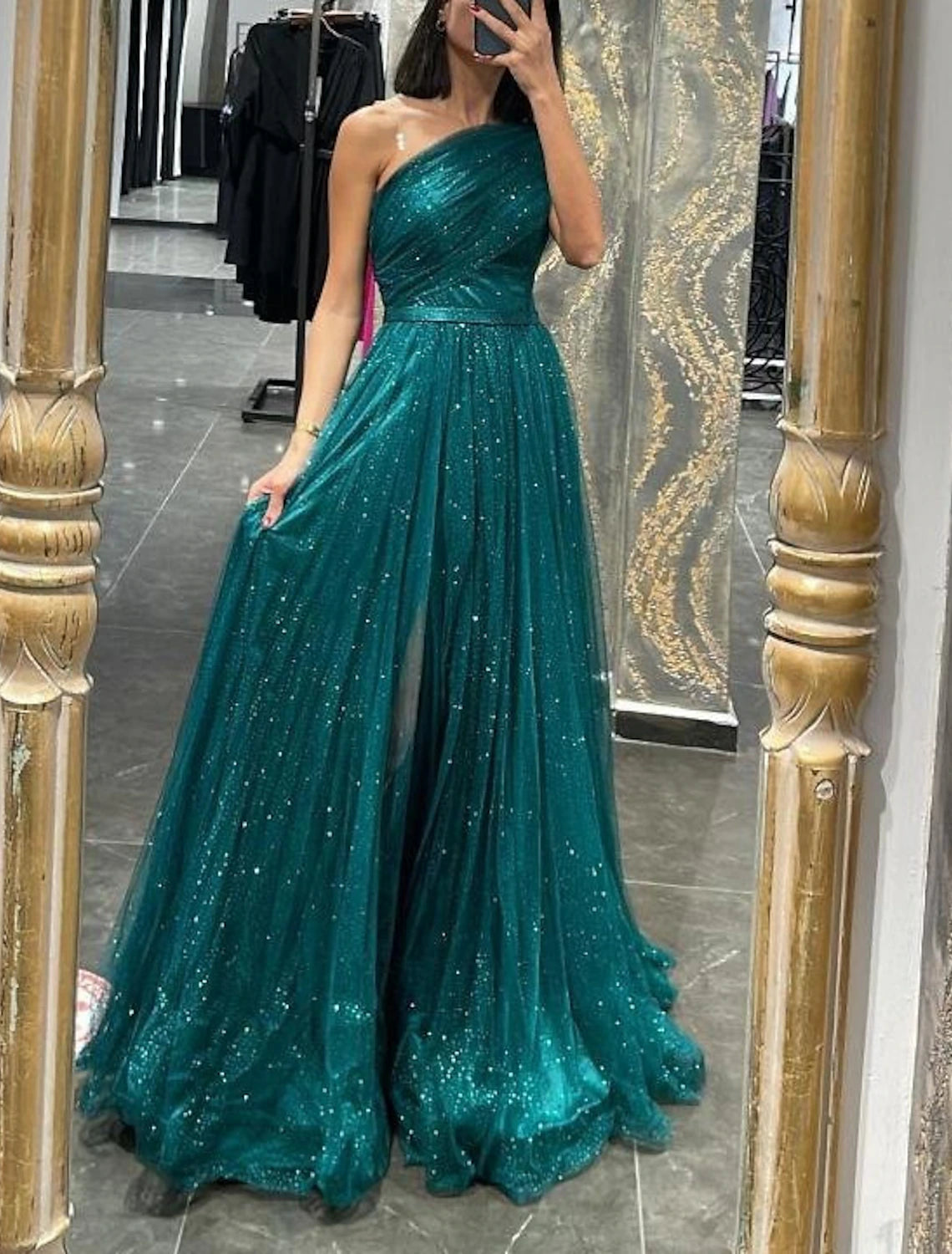 Vestido de noche corte A, brillante, para boda, graduación, cola, sin mangas, un hombro, de tul con apliques fruncidos de purpurina