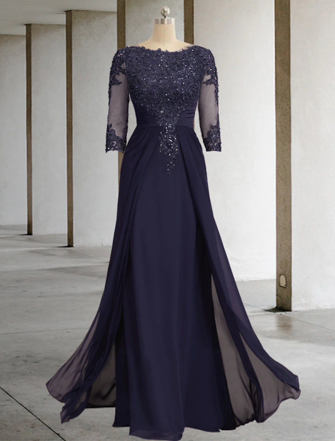 Vestido de madre de la novia con falda larga y cuello redondo, elegante, de gasa, con lentejuelas, escote redondo, largo hasta el suelo, de encaje, manga 3/4 y apliques, con brillo y resplandor.