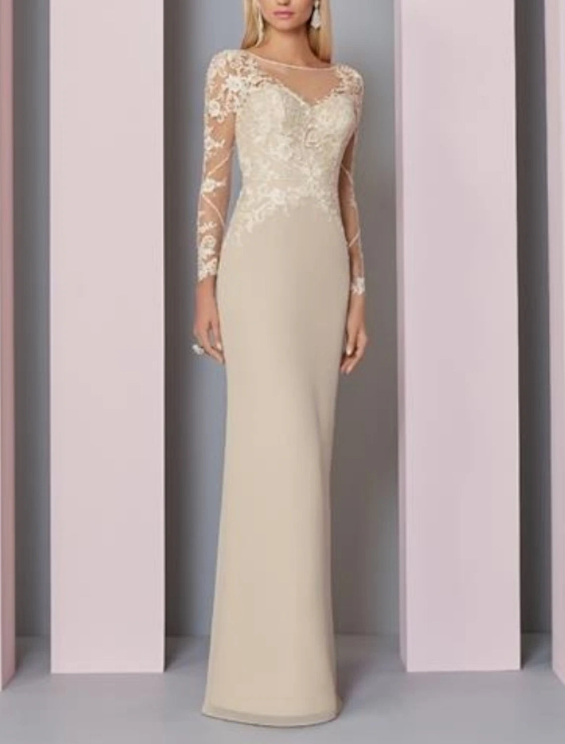 Vestido de Madre de la Novia con Corte Vaina/Columna para Invitadas de Boda Elegante Transparente Cuello Joya Largo hasta el Suelo Gasa Encaje Manga Larga con Apliques