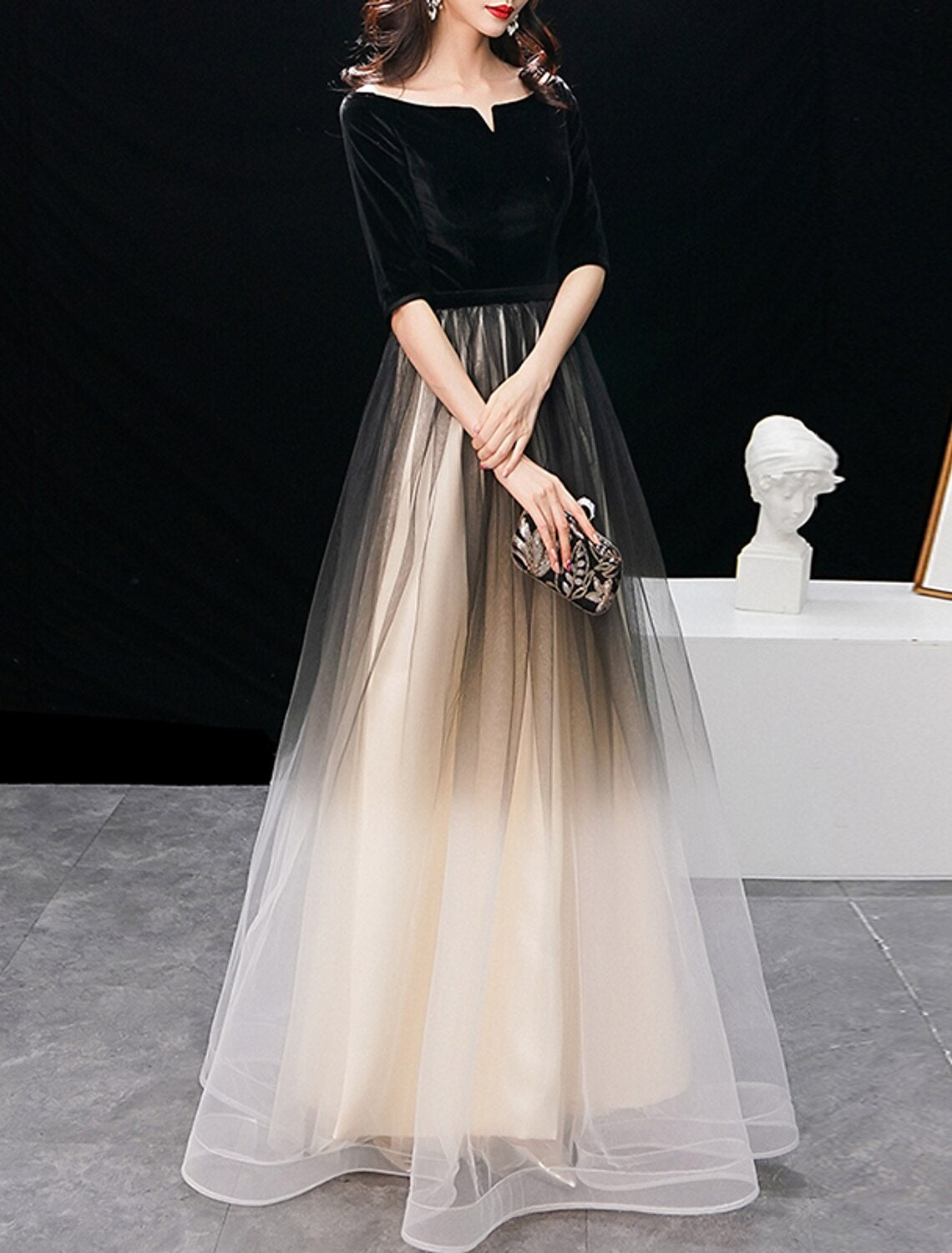 Black Velvet Tulle Off-the-Shoulder A-Line Floor-Length Evening Dress