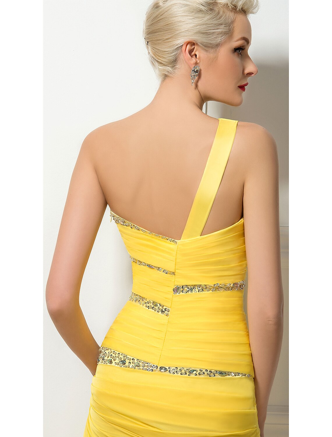 Vestido de noche formal de fiesta, sexy, con escote en forma de tubo, espalda descubierta, sin mangas, con cola larga, de gasa 30D con cristales fruncidos y lentejuelas.