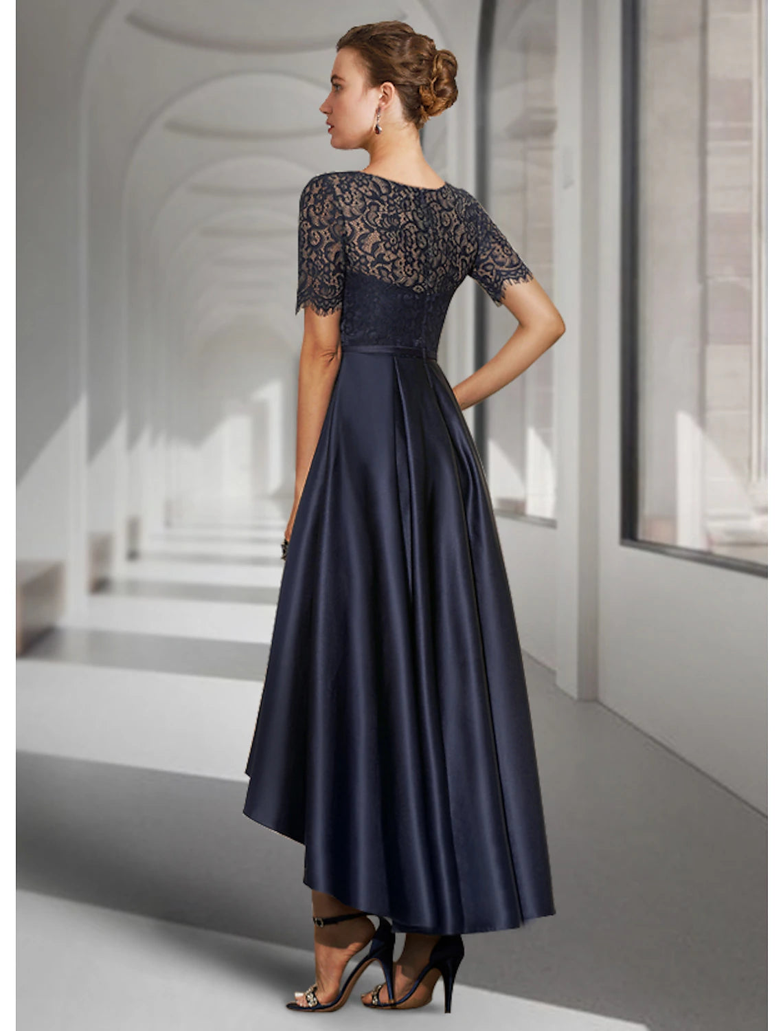 Dark Navy Lace Satin A-Line High-Low Evening Dress with Boat Neck