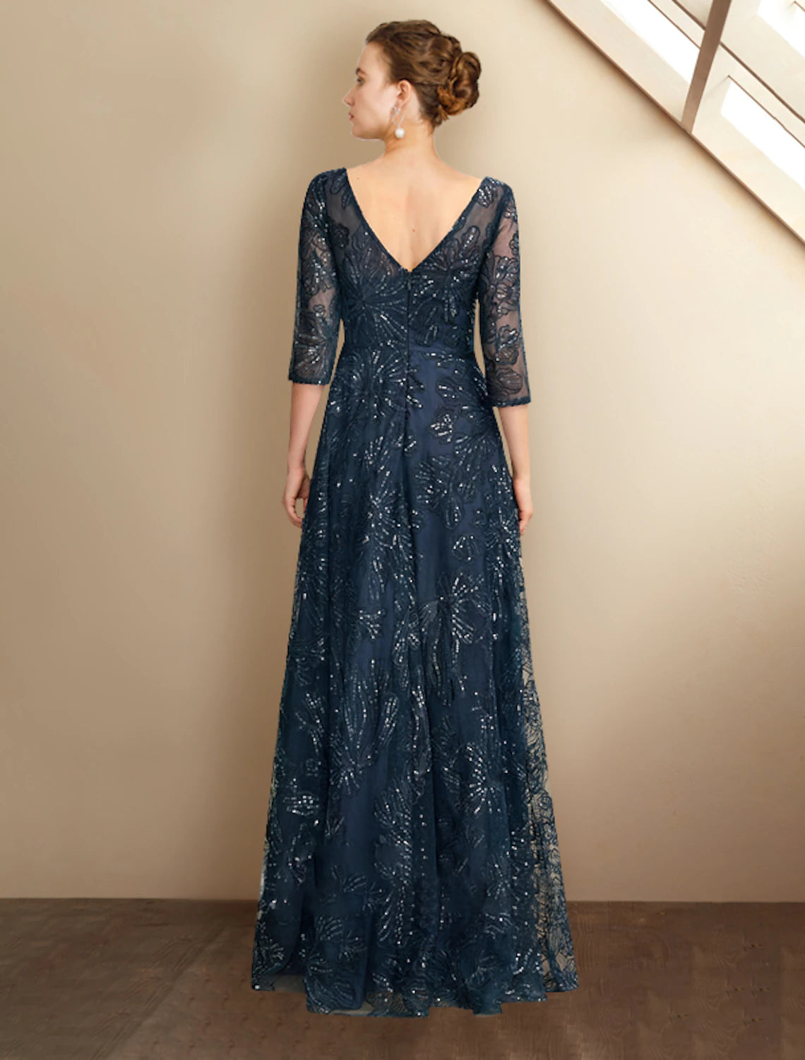 Dark Navy Sequin & Embroidered Mesh A-Line Floor-Length Evening Dress