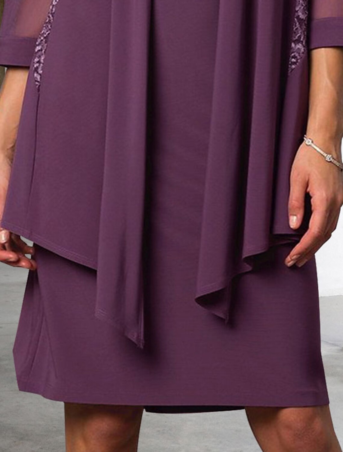 Vestido elegante de dos piezas para madre de la novia, con escote joya, largo hasta la rodilla, de gasa, con encaje, sin mangas, con chaqueta de color liso