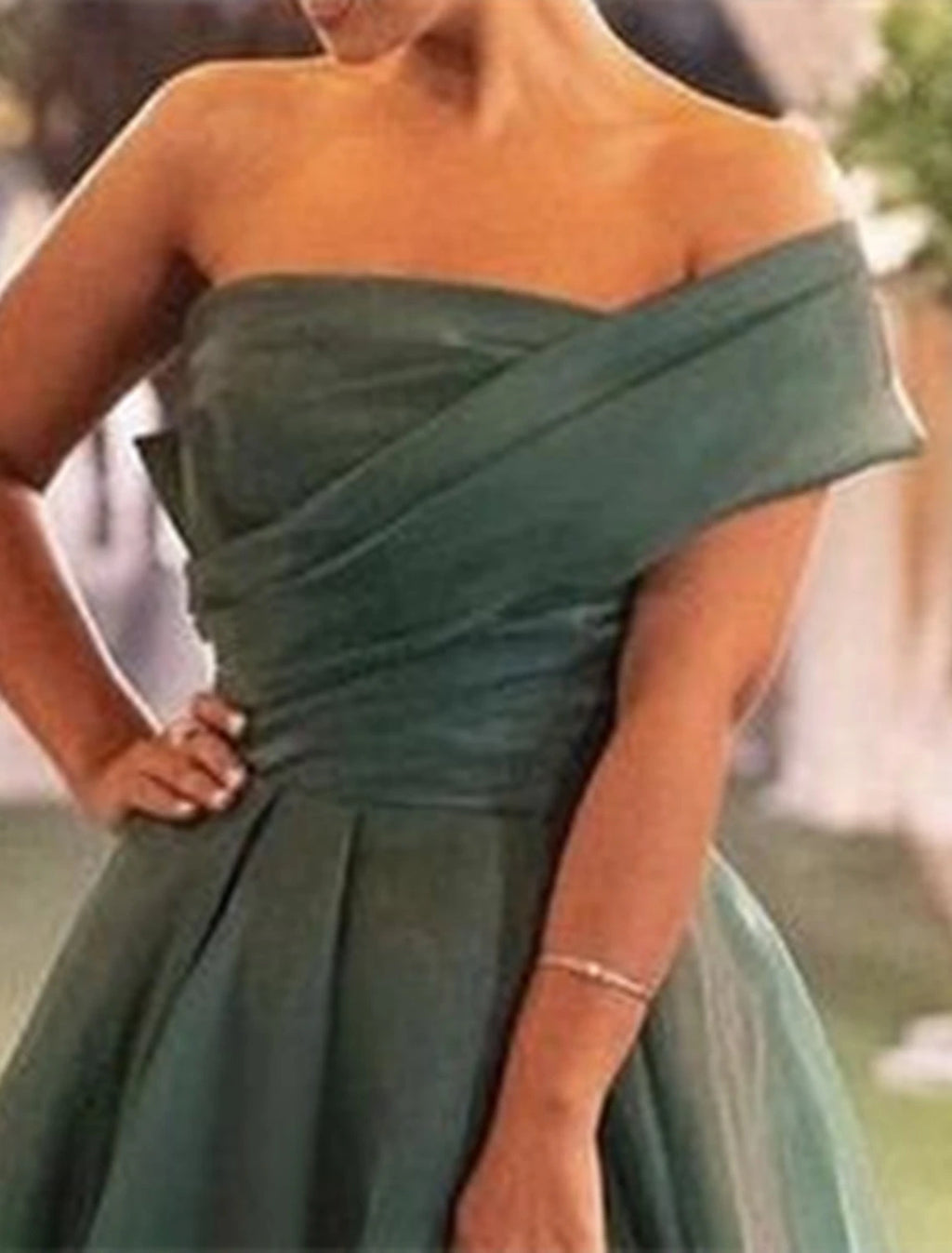 Vestido de noche de corte A, rojo y verde navideño, para invitada de boda, graduación, cola larga, manga corta, un hombro, organza con abertura fruncida