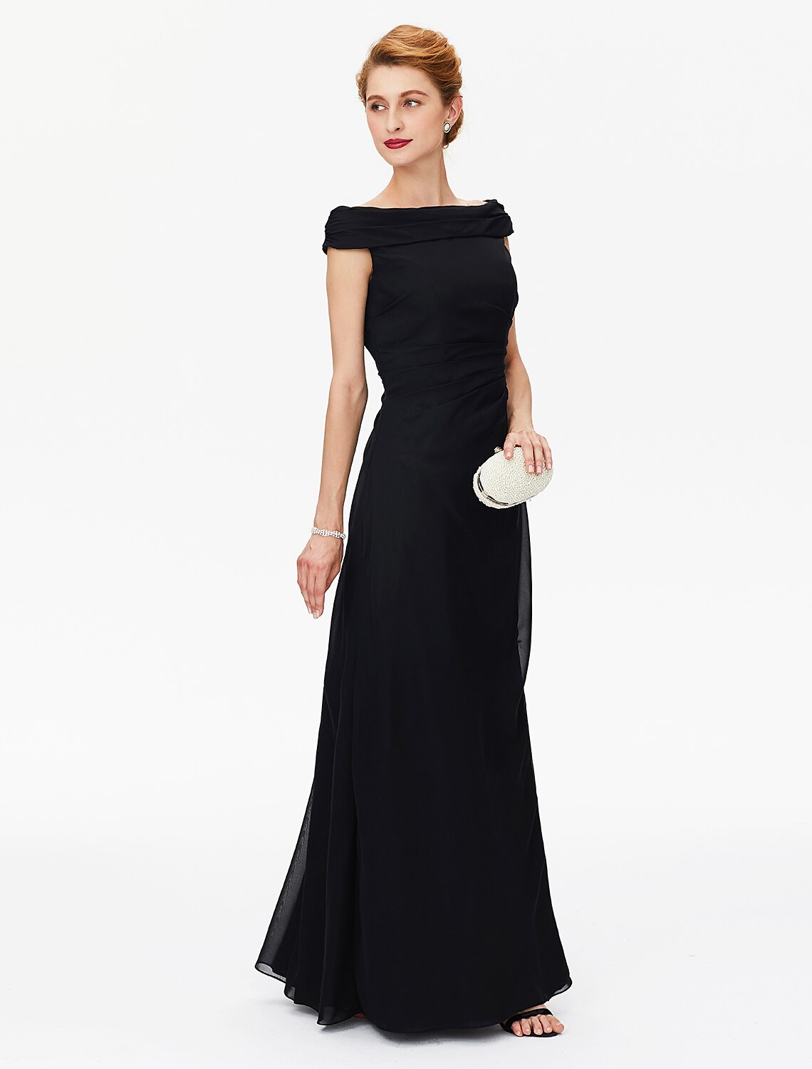 Sheath / Column Mother of the Bride Dress Furcal Off Shoulder Floor Length Chiffon Short Sleeve No with Pleats Split Front