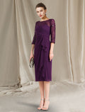 Vestido de madre de la novia de talla grande, elegante, con escote joya, largo hasta la rodilla, de gasa, manga corta con lentejuelas y drapeado lateral.