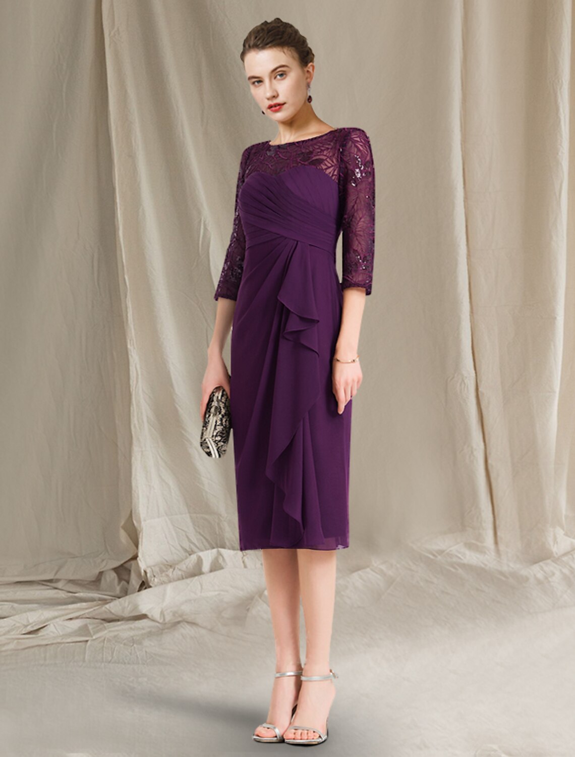 Purple Chiffon Tea-Length Evening Dress - Sheath/column Boat Neck with Sequined Lace Bodice