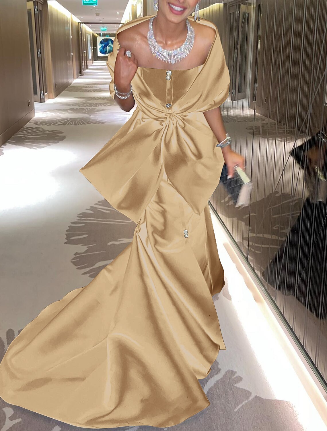 Vestido de noche elegante de sirena/trompeta, vestido formal de corte, cola, media manga, hombros descubiertos, satén con lazo(s) y abertura