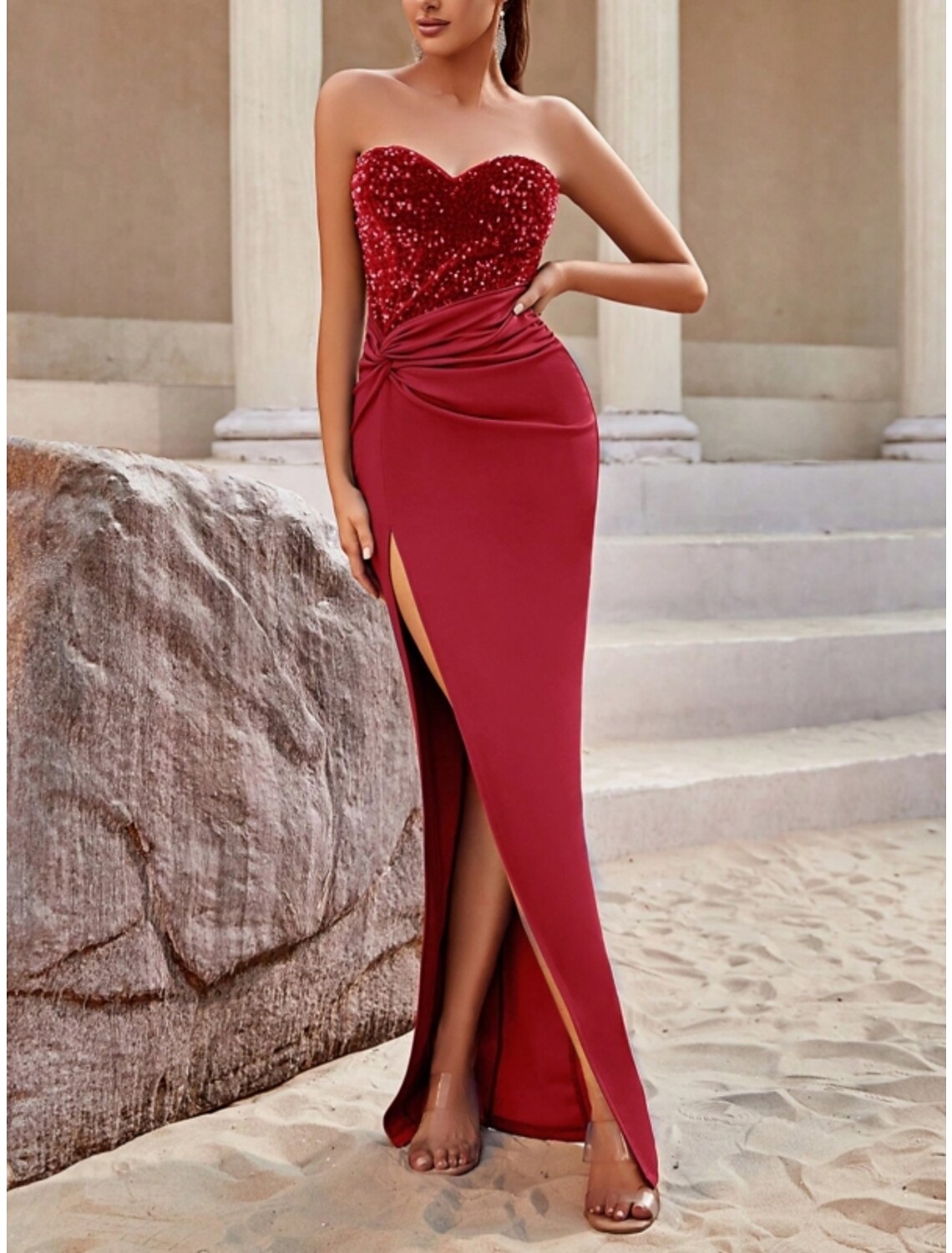 Vestido de noche azul, naranja, verde y azul con corte A, brillante y formal, largo hasta el suelo, sin mangas, escote en forma de corazón, tela con lentejuelas brillantes, abertura para boda de otoño