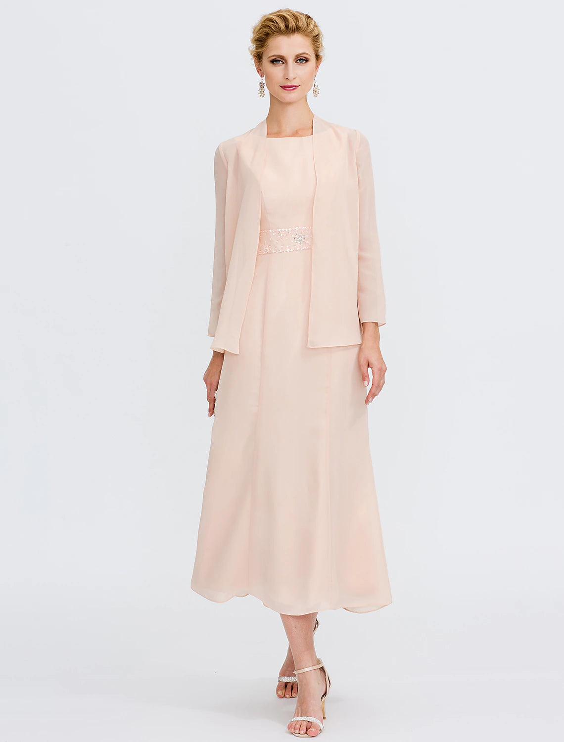 Blushing Pink Tea-Length Mother of the Bride Dress with Jacket