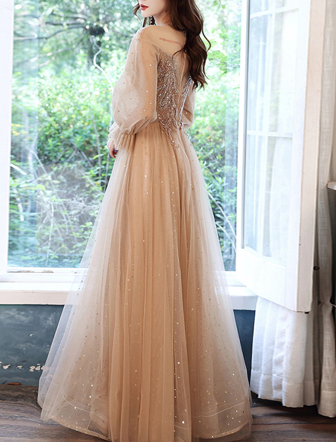 Abiti da ballo a trapezio, scintillanti e brillanti, per invitati a nozze, lunghezza al pavimento, maniche lunghe, scollo gioiello, pizzo con applicazioni di strass 2025