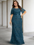 Vestido de madre de la novia de dos piezas, corte tubo/columna, talla grande, escote joya, cola larga/cepillo, encaje, manga corta, sin mangas, con apliques de faja/cinta