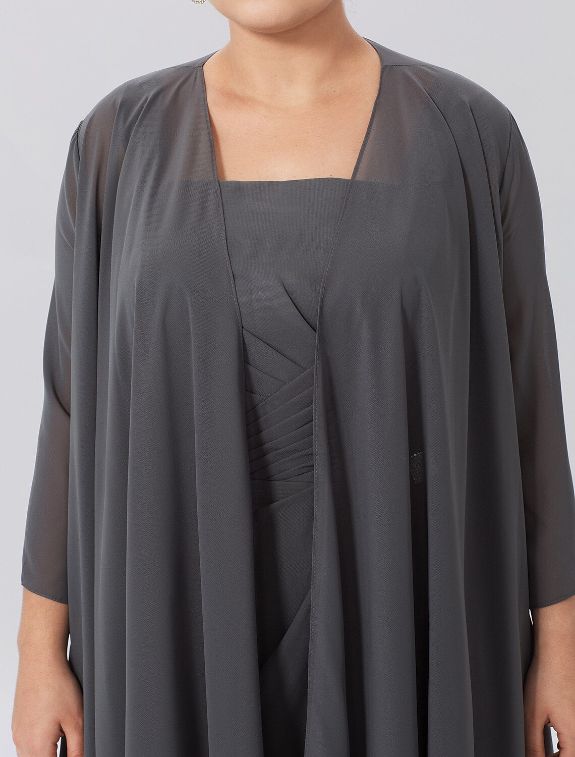 Abito da madre della sposa a trapezio, elegante, taglie forti, con spalline, lunghezza al ginocchio, in chiffon, senza maniche, con pieghe incrociate