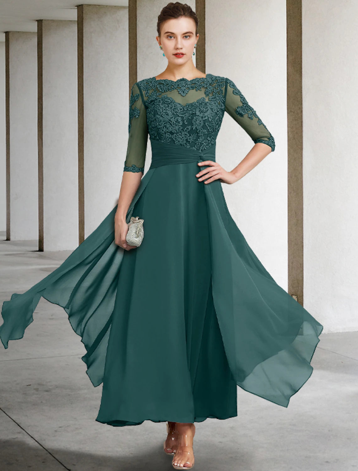 Mocha Chiffon A-Line Ankle-Length Evening Dress with Lace Bodice & Draped Waist
