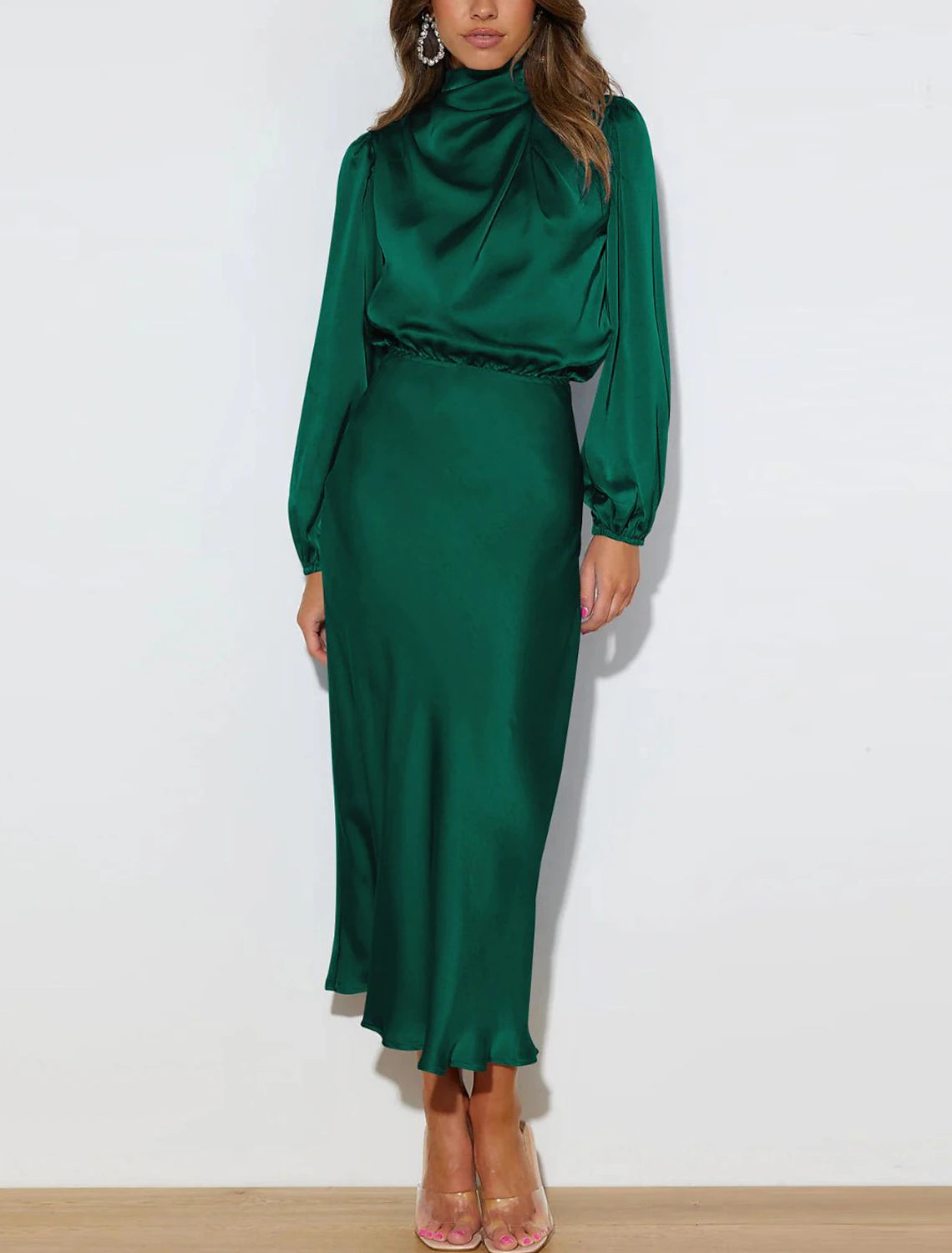 Champagne Satin High Neck A-Line Midi Bridesmaid Dress