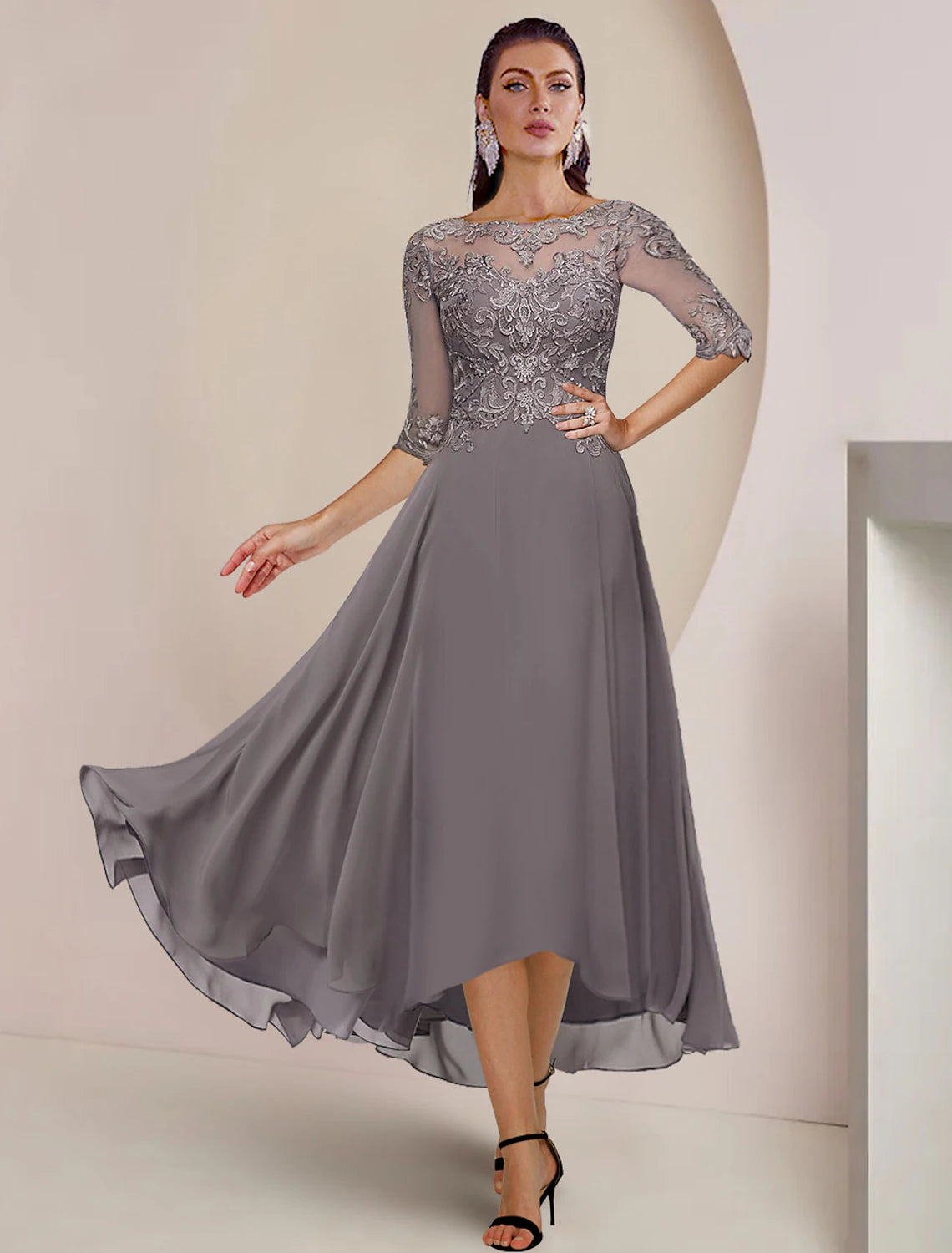 Elegant Grey Chiffon A-Line Tea-Length Dress with Illusion Lace Bodice