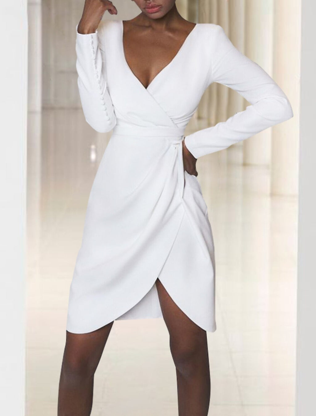 White Crepe Short Sheath/column V-Neck Dress with Wrap Bodice