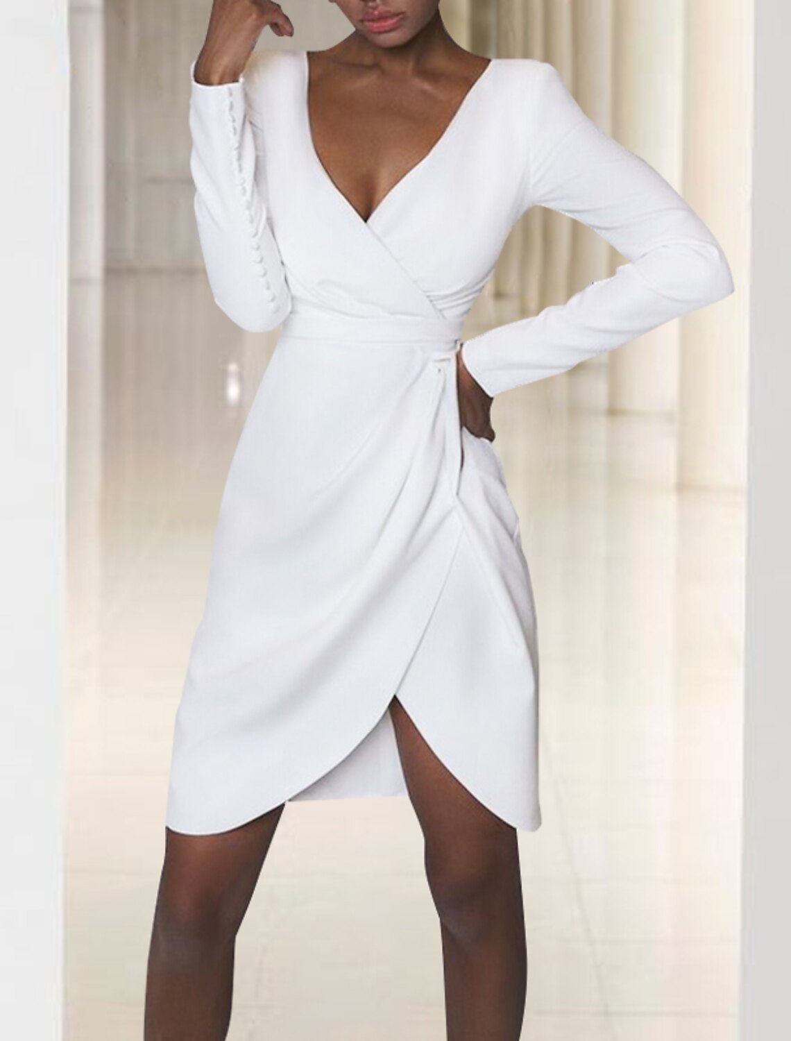 White Crepe Short Sheath/column V-Neck Dress with Wrap Bodice