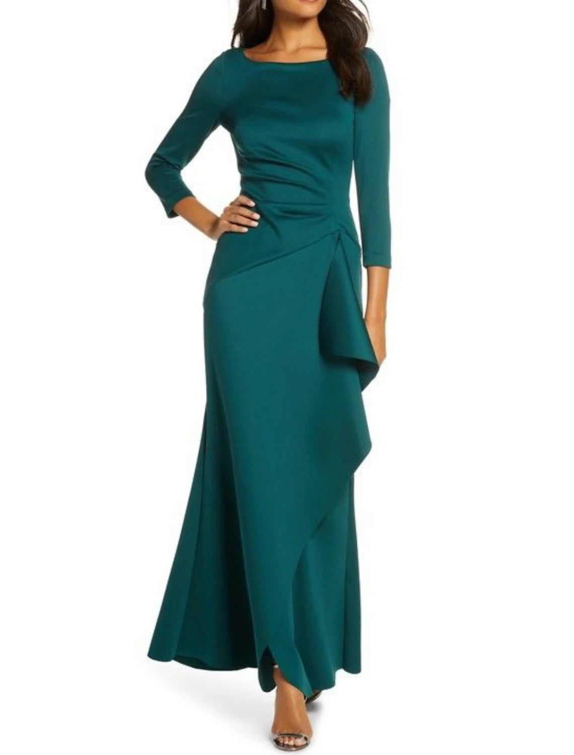 Vestido de Madre de la Novia con Corte Vaina/Columna para Invitadas de Boda, Elegante, Fiesta, Escote Redondo, Largo hasta el Tobillo, Satén, Manga 3/4 con Volantes