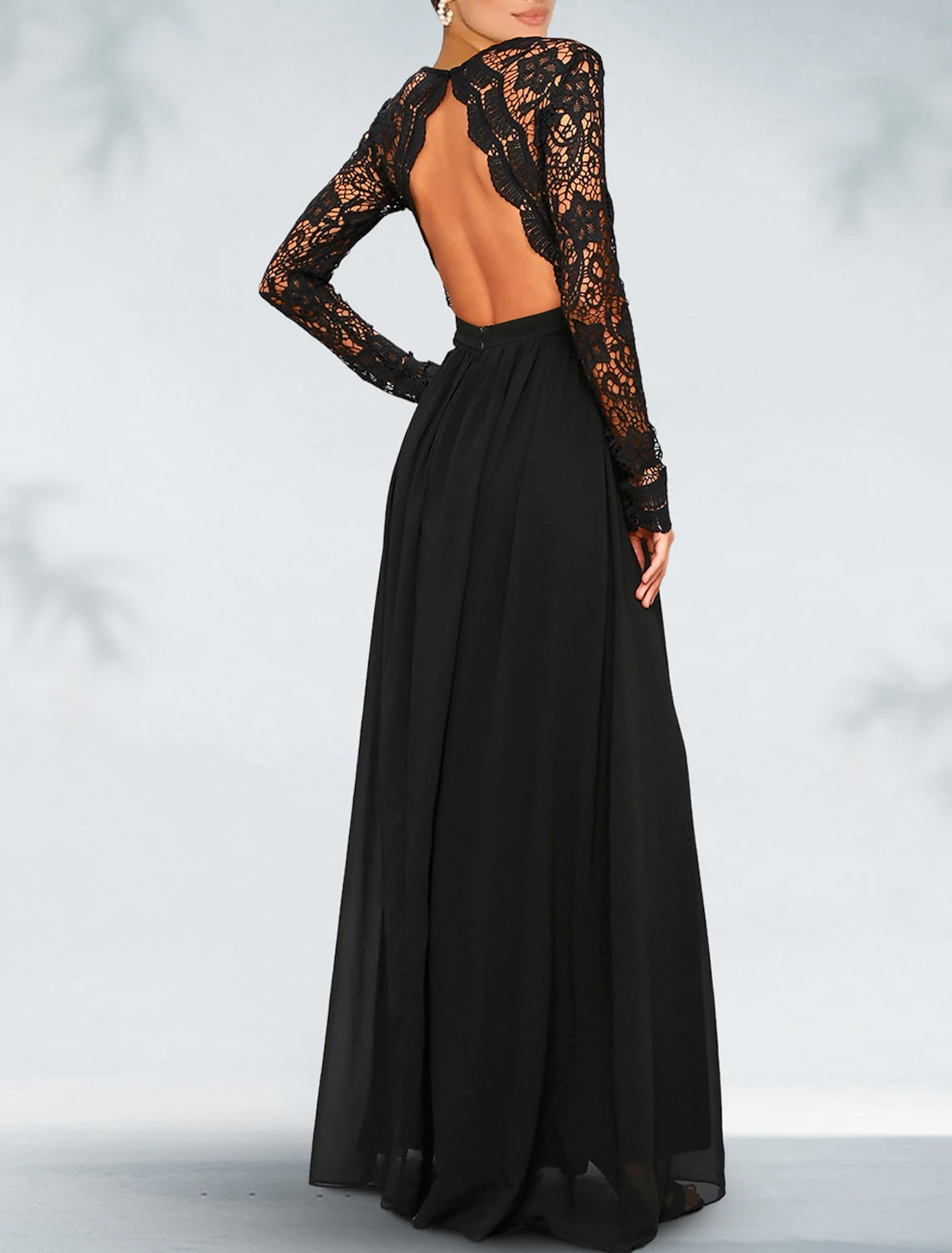 Abito da sera a trapezio, abito nero, abito taglie forti con schiena scoperta, abito da cerimonia, abito da ospite, lunghezza al pavimento, manica lunga, scollo a V, chiffon gotico con pieghe