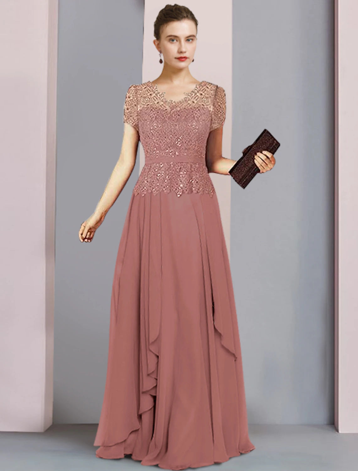 Vestido de madre de la novia de corte A, fiesta formal, brillo y resplandor, elegante, cuello en V, largo hasta el suelo, gasa, lentejuelas, manga corta con pliegues, lentejuelas
