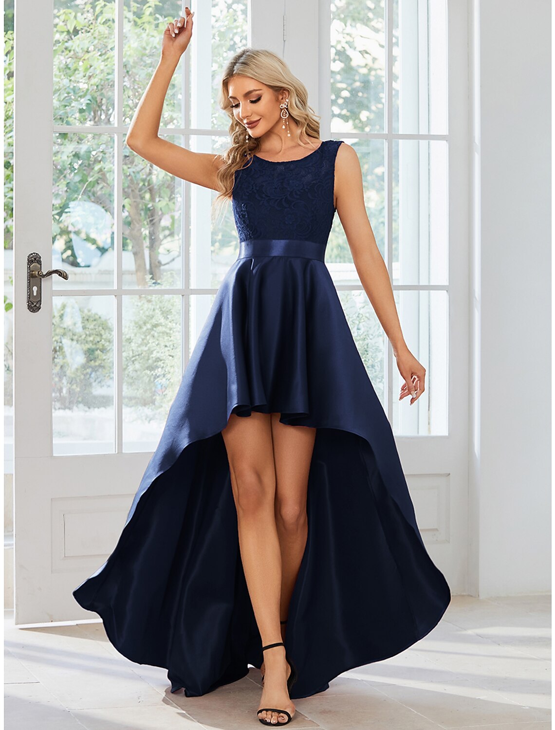 Dark Navy Lace & Satin A-Line High-Low Evening Dress