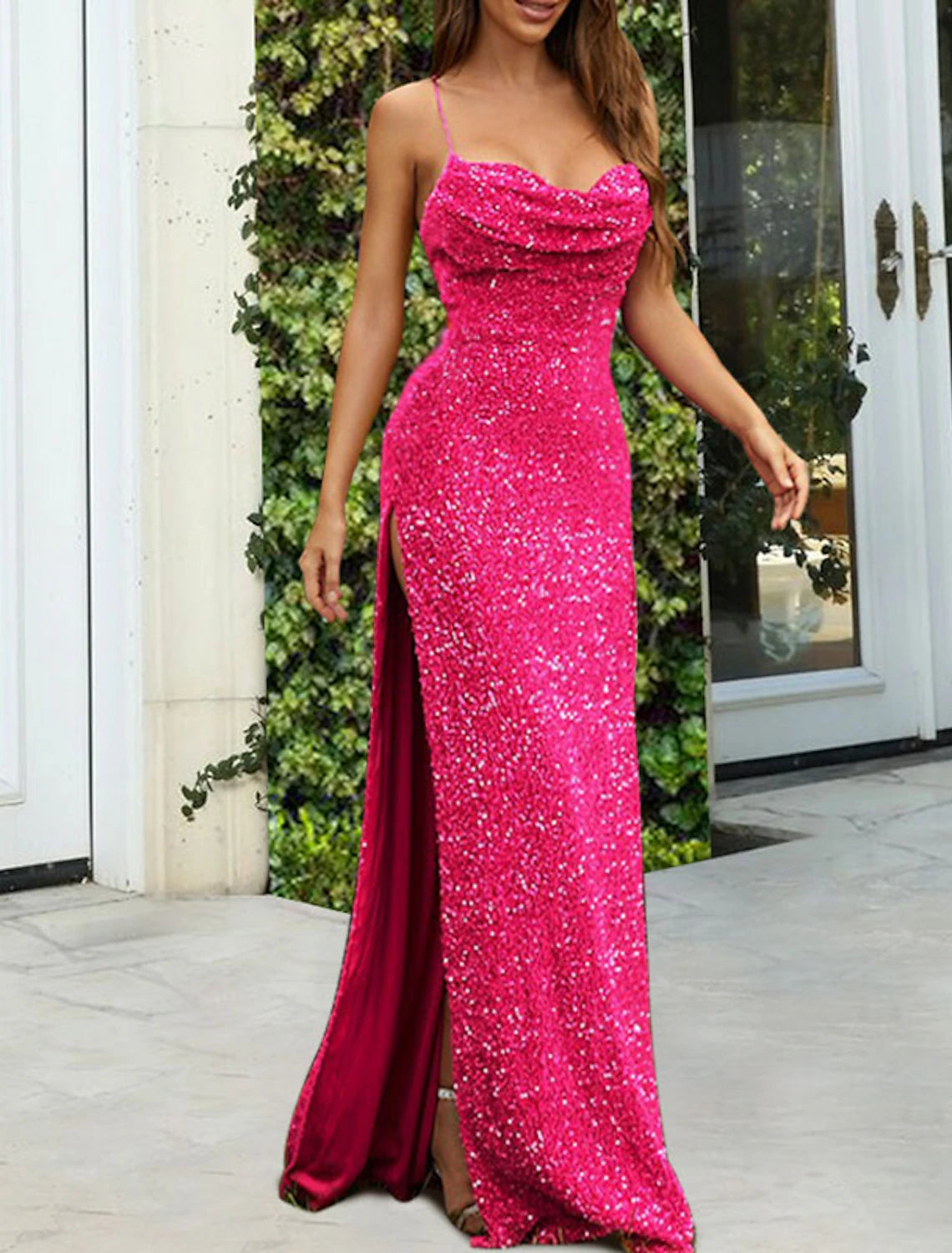 Mermaid / Trumpet Evening Gown Sparkle Dress Wedding Guest Prom Floor Length Sleeveless Spaghetti Strap Sequined with Sequin Slit