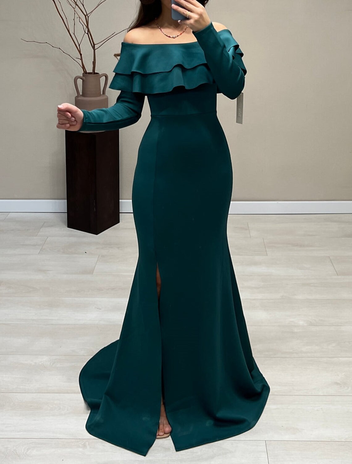 Mermaid / Trumpet Evening Gown Elegant Dress Wedding Guest Fall Court Train Long Sleeve Off Shoulder Satin with Ruffles Slit